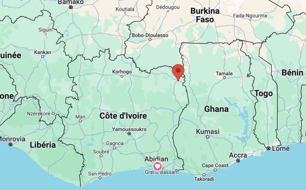 Carte de la Côte d'Ivoire, Bouna, d'où sont arrivés les gendarmes ivoiriens arrêtés au Burkina Faso.